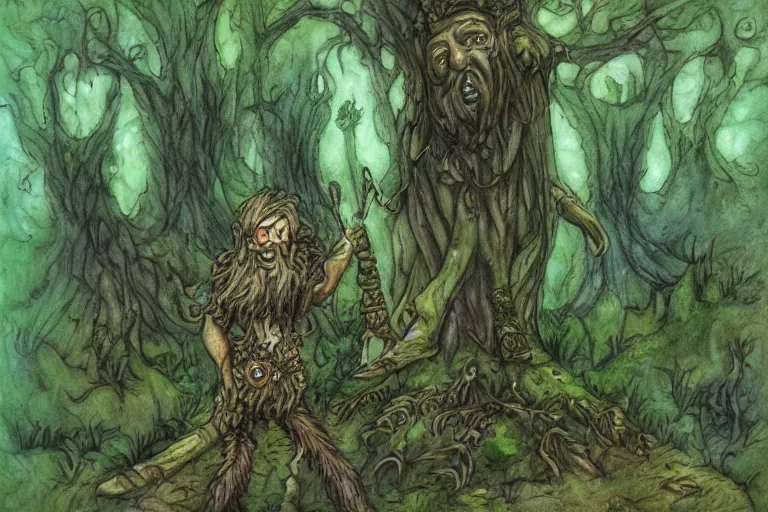 Image similar to a druid treefolk with troll face, standing in the forest, in the style of Tony Diterlizzi and Brian Froud, painterly