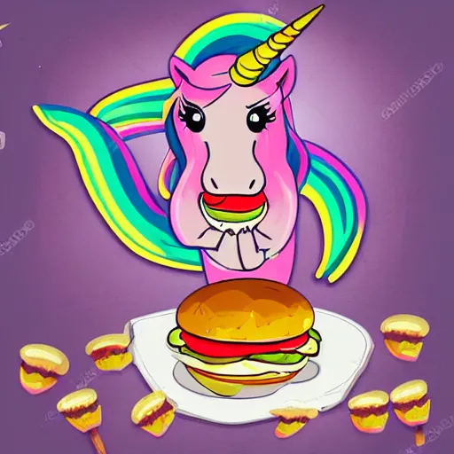 Prompt: unicorn in a leotard eating hamburger