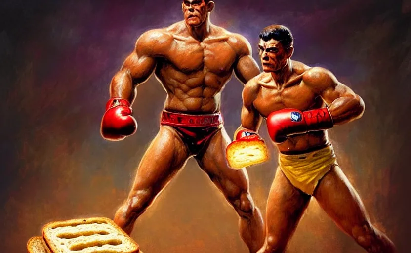 Image similar to a boxer made completely out of toast and bread ; magic : the gathering fantasy character concept art by frank frazetta and marco bucci, high resolution. boxing ring in the background, dramatic stadium lighting, fantasy coloring, intricate, digital painting, artstation, smooth, sharp focus