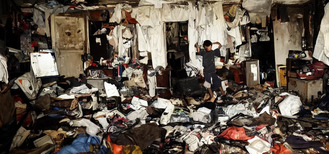 Image similar to a teenage boy at his back entering in a hoarder's room, dark atmosphere