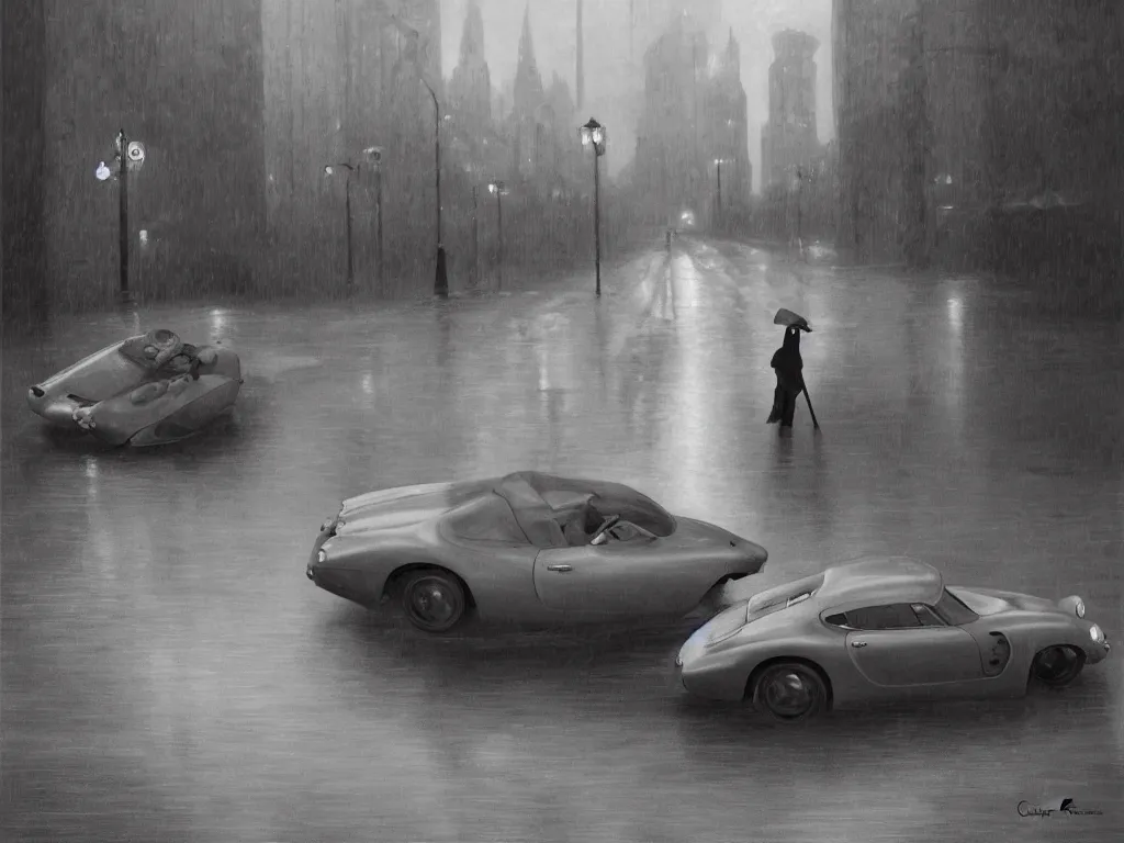 Image similar to Mysterious figure swings a heavy sledgehammer at a silver Porsche 550 with its headlights on, parked on the side of the road in the city of Cologne in the rain, by George Tooker, moody, ominous, lighting, hyper-realistic.