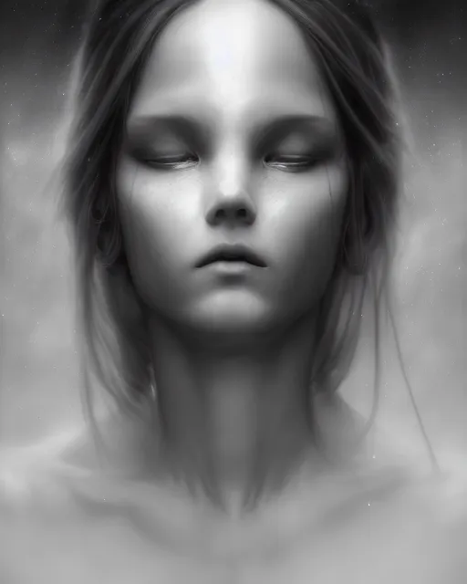 Image similar to dreamy, monochrome, subsurface scattering, white, cyborg goddess in cosmos, black and white, octane render, tomasz alen kopera, jesper ejsing, cgsociety, fenghua zhong, makoto shinkai, james jean, justin gerard, highly detailed, rim light, art, cinematic lighting, very coherent, hyper realism, 8 k