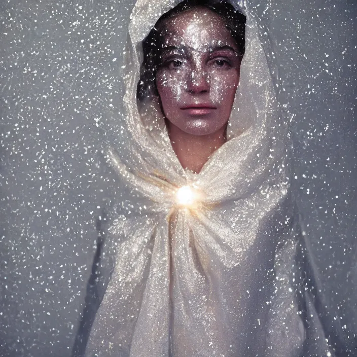 Prompt: closeup portrait of a woman wrapped in luminescent foil, standing in the snow, color photograph, by vincent desiderio, canon eos c 3 0 0, ƒ 1. 8, 3 5 mm, 8 k, medium - format print