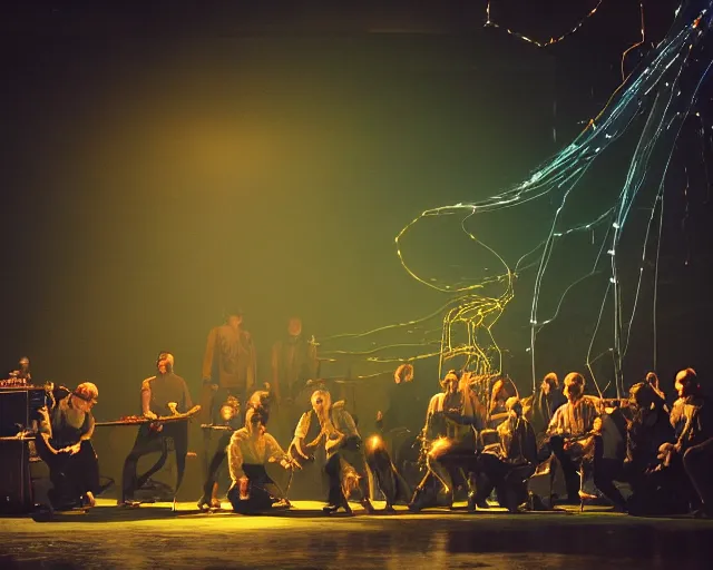 Image similar to Jumping monkey smashing typewriters, group of people on stage playing baroque instruments, muted stage effects, dust, smoke, giant LED screens, colored projections, ultrafine detail, cybersuit, glowing thin wires, smoke, high contrast, projections, holography, volumetric lighting, cinematography by Jim Jarmusch