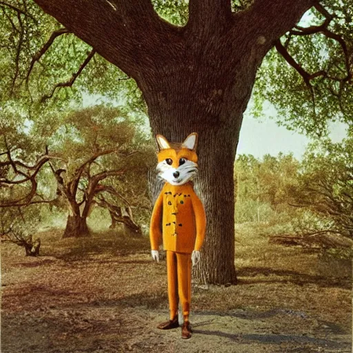 Prompt: realistic photograph of fantastic mr. fox standing under an old oak tree, wes anderson, ansel adams