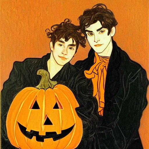 Prompt: painting of young cute handsome beautiful dark medium wavy hair man in his 2 0 s named shadow taehyung and cute handsome beautiful min - jun together at the halloween jack o lantern party, melancholy, autumn colors, elegant, painting, stylized, witchcraft, gorgeous eyes, soft facial features, delicate facial features, art by alphonse mucha, vincent van gogh, egon schiele