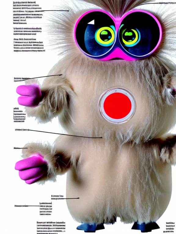 Image similar to a detailed anatomical poster of a furby with labels and magnification details