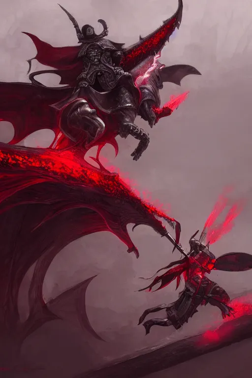 Prompt: a crimson mage riding a large bat as a dar souls boss, digital painting, trending on artstation, 8k, epic composition, intricate details, sharp focus