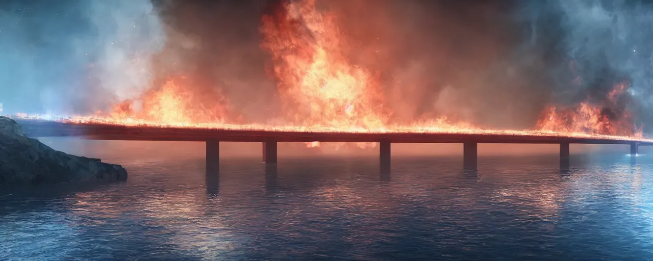 Prompt: the big bridge over the strait is on fire after a disaster, warm tones, super resolution, unreal engine 5, perspective 3 d octane render, 8 k, light rays, lens flare, epic, hyperdetailed