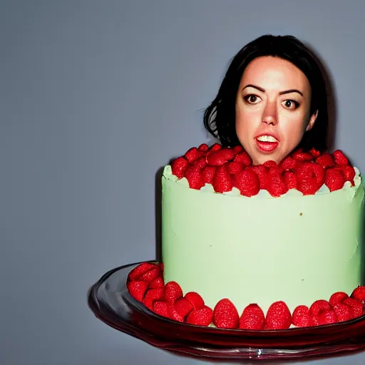 Image similar to aubrey plaza as a birthday cake : : highly detailled food photography,