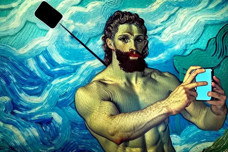 Prompt: hyperrealistic oil painting of greek god poseidon taking a selfie of himself underwater holding a go pro look king confused holding his trident, highly detailed and intricate by vincent vang gogh and billy butcher