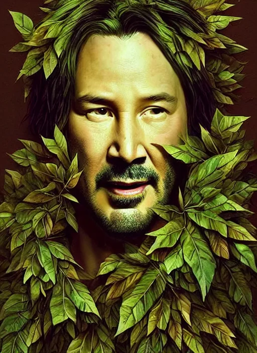 Image similar to highly detailed comedy caper movie poster with silly wacky zany keanu reeves as a sentient pile of leaves, keanu reeves green face as a sentient leafy bush by greg rutkowski, masterpiece, really funny, 1 0 / 1 0 comedy