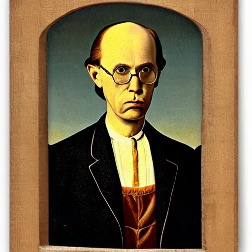 Image similar to fat orange tabby cat next curly haired man, american gothic by grant wood