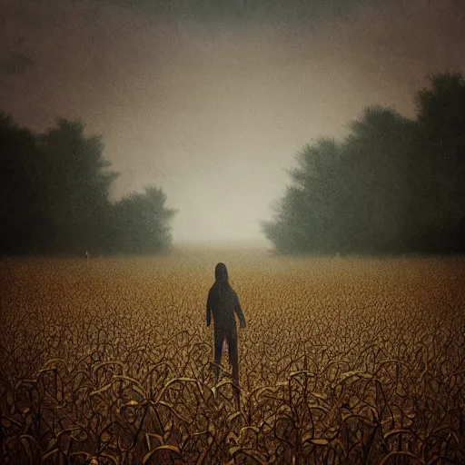 Prompt: demons inside a corn field, foggy, artstation