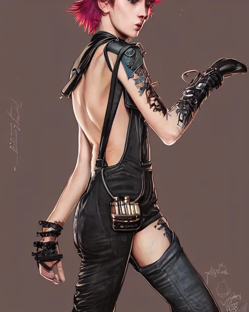 Prompt: a portrait of a beautiful androgynous punk girl with short hair and beautiful eyes, beautiful face, wearing tall combat boots, who is a mechanic wearing baggy leather overalls, digital concept art, detailed digital illustration, by j. c. leyendecker and edward blair leighton and charlie bowater, trending on artstation