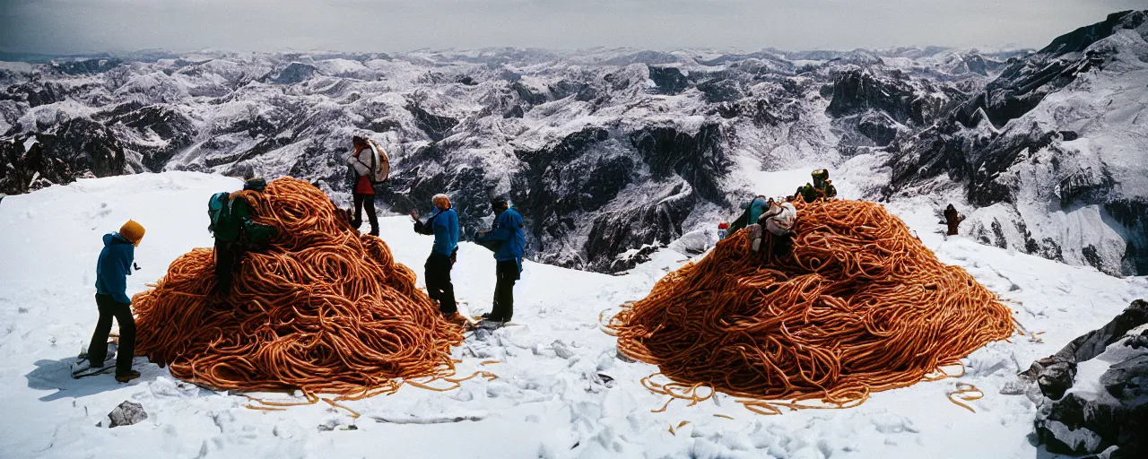 Image similar to hikers climbing over a mound of spaghetti on top of a frozen mountain, canon 5 0 mm, cinematic lighting, photography, retro, film, kodachrome