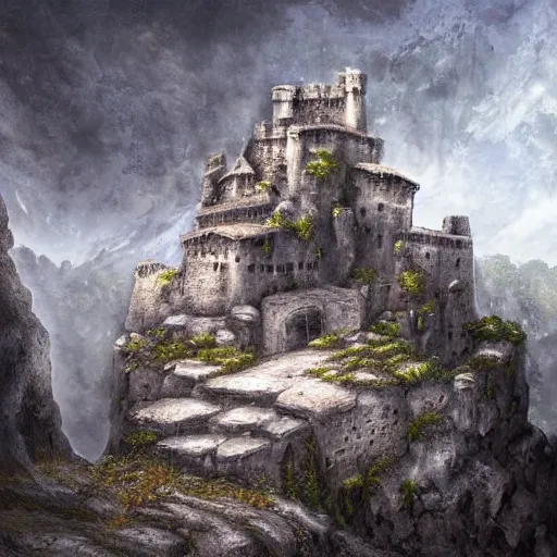 Image similar to abandoned stone fortress made by dwarves, carved into mountainside, fantasy, moody, high walls, single gate, architectural, digital painting