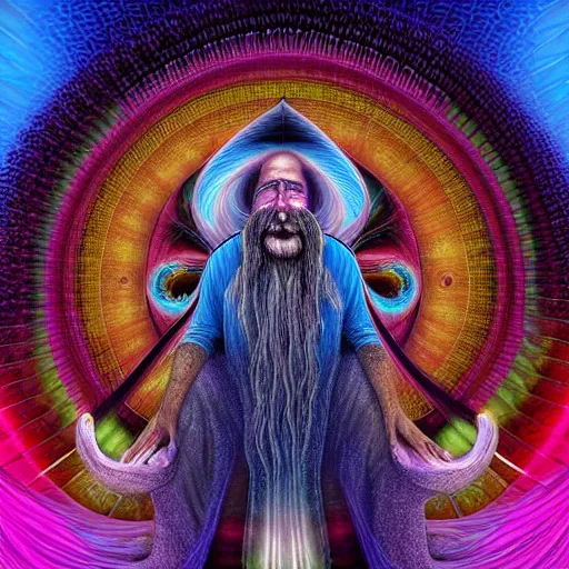 Prompt: wizard in blue robes, long white beard, by alex grey, TOOL band art, psychedelic, render, fractals, detailed, 8K