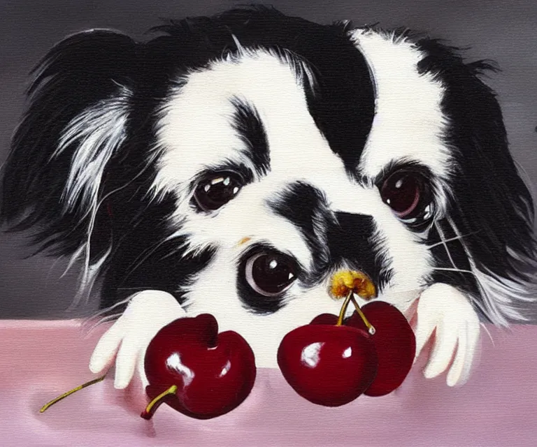 Image similar to white and black japanese chin dog eating cherry muffins, oil painting