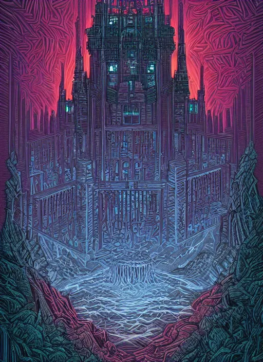 Prompt: a dark fractal fortress by dan mumford