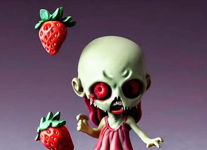 Image similar to a very sad femo figurine of a cute funny undead strawberry fairy zombie with bandages wearing a dirty floral torn strawberry dress featured on bloodborne by beksinski and gamesworkshop, carrying survival gear, wearing strawberry backpack, shambling aimlessly, dark foreboding atmosphere, 🎀 🧟 🍓 🧚