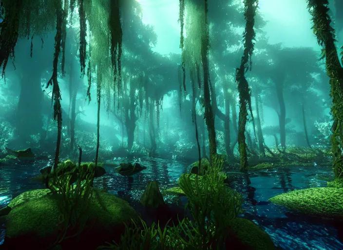 Prompt: underwater forrest. Intricate. Very detailed 8k. Fantasy horror. Sharp. Cinematic post-processing. Unreal engine. Nanite. Ray tracing. Parallax. Tessellation