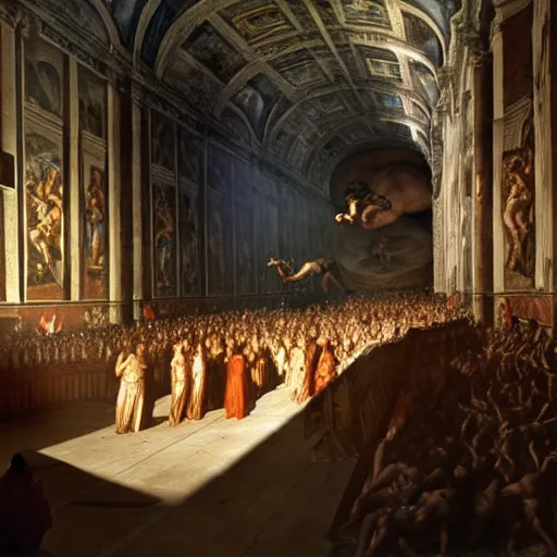 Image similar to the sistine chapel breaks in half as a portal from hell opens up, lucifer morningster emerges along with hordes of demons, the terrified priests and the pope look at the scene with terror in their eyes. highly detailed painting by gaston bussiere, greg rutkowski, craig mullins 8 k