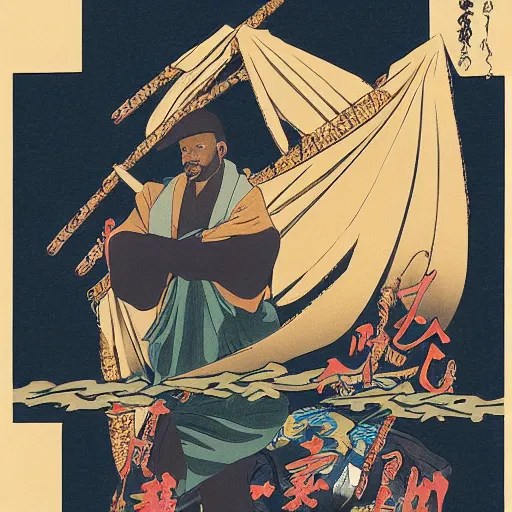 Prompt: Masta Killa from Wu-tang Clan rapping, portrait, style of ancient text, hokusai