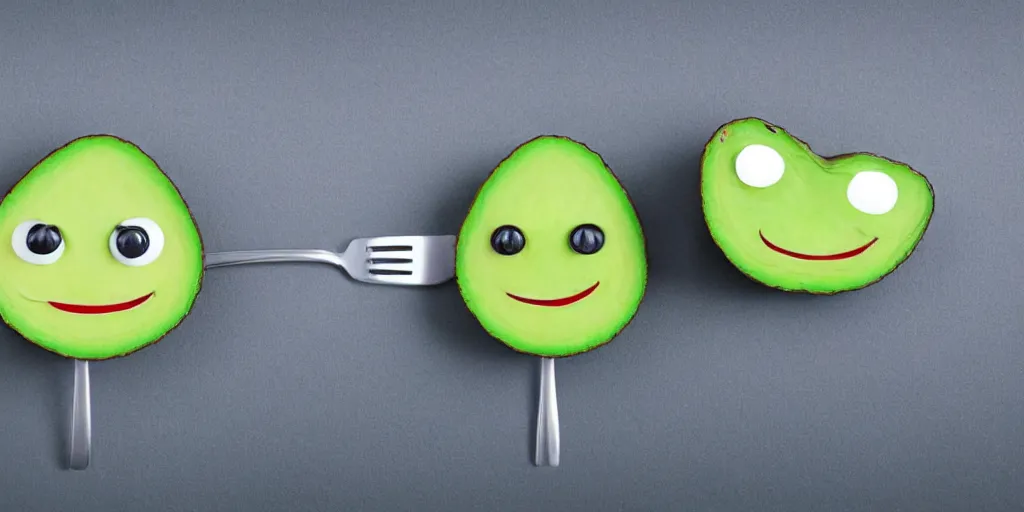 Image similar to cute little smiling avocado robot with cute eyes and forks instead of arms, logo style