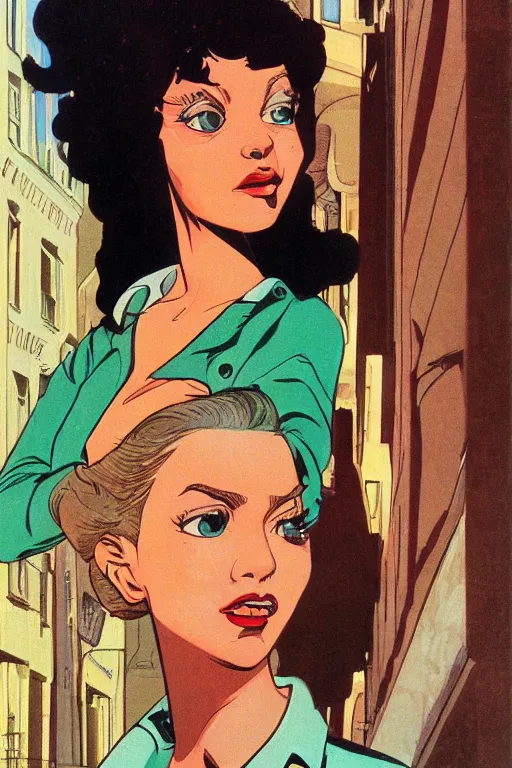 Image similar to portrait of an attractive young female protagonist, center focus, in city street, detailed face, portrait by ralph bakshi