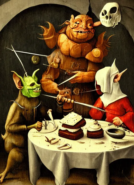 Image similar to medieval goblin eating cakes painted by hieronymus bosch, detailed digital art, trending on Artstation