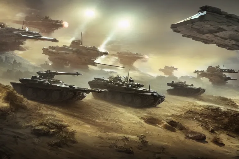 Prompt: tank battle, soldiers, lasers, science - fiction, beautiful matte painting,, unreal engine, artstation.