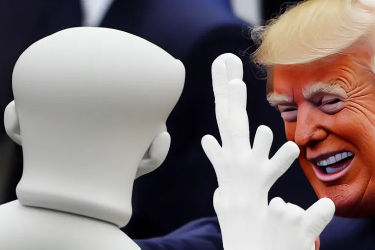 Prompt: press photo of donald trump shaking hands with a gray alien, 8 k, sharp focus, award winning, white house photo, cnn news, smiling at the camera, evil gray aliens