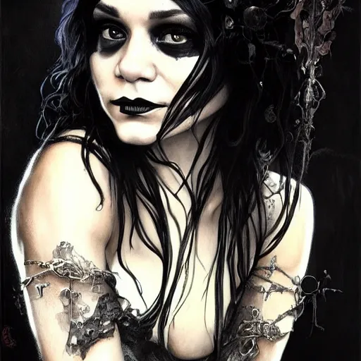 Image similar to beautiful portrait of vanessa hudgens as death from sandman, smiling, by cedric peyravernay, alphonse mucha, by jeremy mann, by lecouffe deharme, goth chic, soft lightning, eyeliner, punk rock, high detailed, 8 k