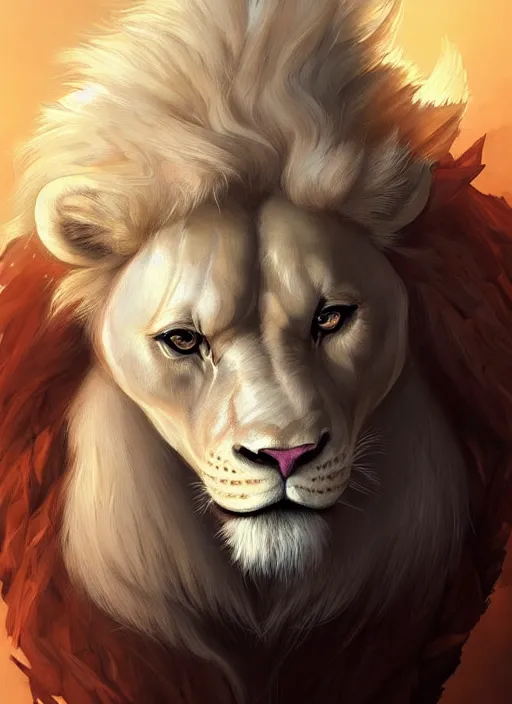 Image similar to aesthetic portrait commission of a of a male fully furry muscular anthro albino lion wearing attractive gay leather harness with a tail and a beautiful attractive hyperdetailed face at golden hour, safe for work (SFW). Character design by charlie bowater, ross tran, artgerm, and makoto shinkai, detailed, inked, western comic book art, 2021 award winning film poster painting
