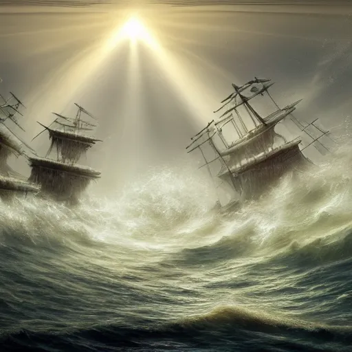 Prompt: a white sea serpent destroying a trireme in a tumultuous sea, roman soldiers swim, roman soldiers cling to driftwood, epic fantasy, golden ratio, godlight, god rays, volumetric, storm, fog,