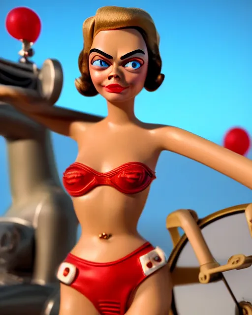 Image similar to highly detailed closeup, face profile portrait of a tin toy retro 1 9 5 0 s cara delevingne, bikini, unreal engine, max fleischer, global illumination, detailed and intricate environment
