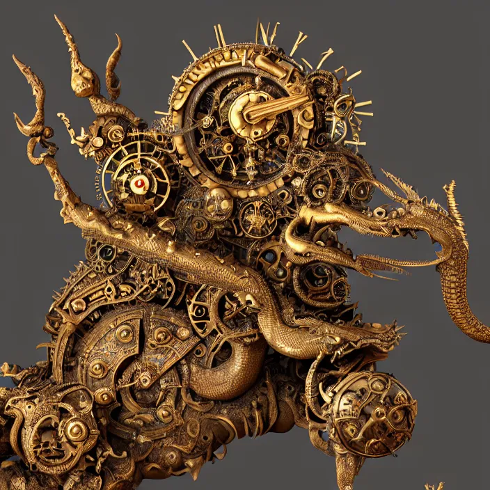 Prompt: highly detailed ancient clockwork artifact depicting a dragon made of bronze and ivory and encrusted with precious jewels, beautiful patina, ethereal, esoteric, zbrush sculpt, octane render, intricate, ornate, cinematic lighting, hyperrealistic, ancient steampunk vibe