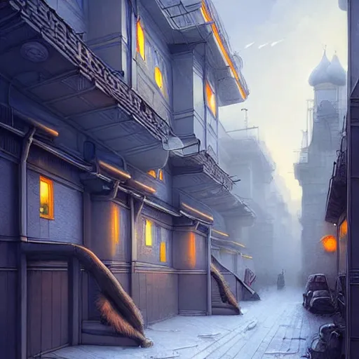 Image similar to It’s sublimely calm on the streets of Russian panel houses quarters on the Moon city, Norilsk, sci-fi, fantasy, intricate, very very beautiful, elegant, highly detailed composition, digital painting, artstation, concept art, smooth, sharp focus, illustration, art by artgerm and greg rutkowski and alphonse mucha