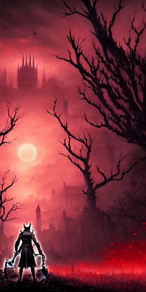 Image similar to abandoned bloodborne old valley with a person at the centre and a ruined city at the end, trees and stars in the background, falling red petals, epic red - orange moonlight, perfect lightning, illustration by niko delort and kentaro miura, 4 k, ultra realistic