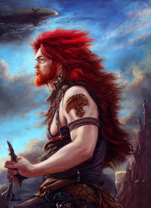 Image similar to epic fantasy portrait painting of a long haired, red headed male sky - pirate in front of an airship in the style of eve ventrue