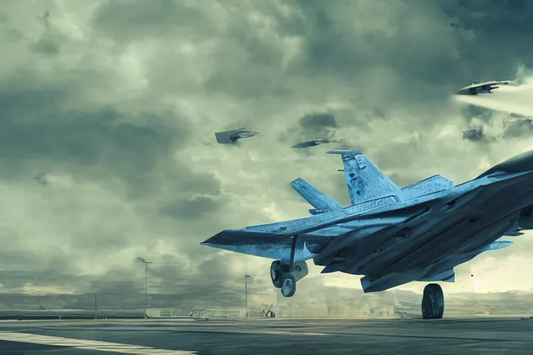 Image similar to a futuristic fighter aircraft, worn paint, action shot, motion blur, thunderclouds in the background, intricate details, intricate textures, blue tint, realistc octane render, hyper realistic render, volumetric shading, depth of field, soft lighting, 8k