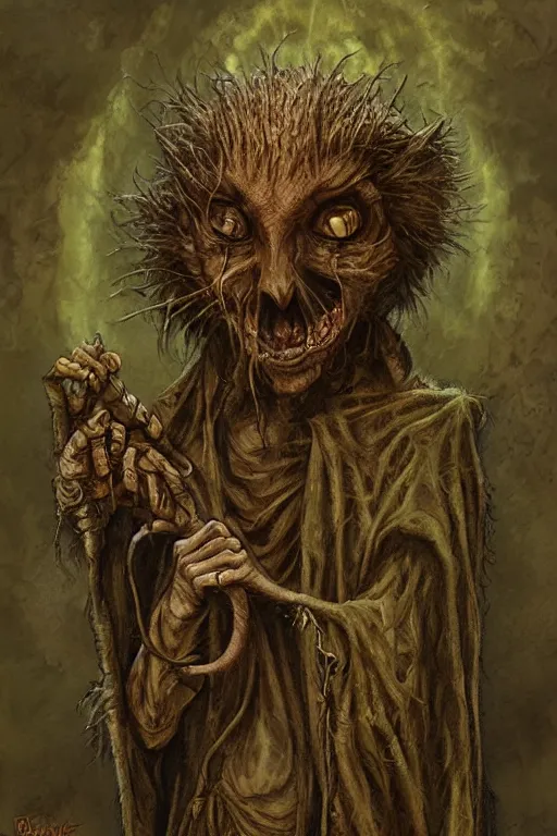 Prompt: a sniveling rat person wearing a decaying brown cloak, painting by ed binkley