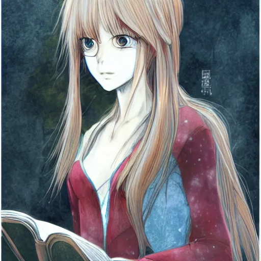 Image similar to a girl reading a book, her hair flowing down, a character portrait by yoshitaka amano, featured on pixiv, fantasy art, official art, androgynous, anime