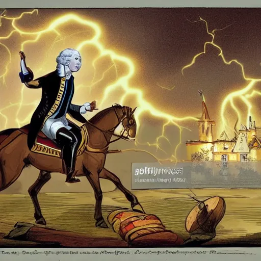 Prompt: George washington being struck by lightning. Cartoon. RPG. Disney artstyle.