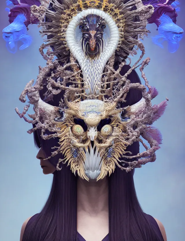 Image similar to 3 d goddess close - up 3 / 4 portrait with ram skull. beautiful intricately detailed japanese crow kitsune mask and clasical japanese kimono. betta fish, jellyfish phoenix, bio luminescent, plasma, ice, water, wind, creature, artwork by tooth wu and wlop and beeple and greg rutkowski