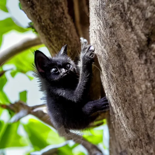 Prompt: a bat kitten, in a tree, 200m f8