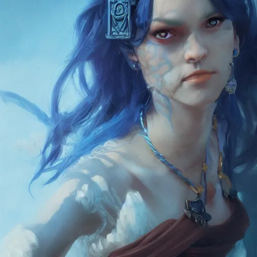 Image similar to Female pirate captain with blue skin, 4k oil on linen by wlop, artgerm, andrei riabovitchev, nuri iyem, james gurney, james jean, greg rutkowski, highly detailed, soft lighting 8k resolution