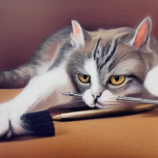 Image similar to Cat drawning himself with brush on canvas, realistic 3d render,