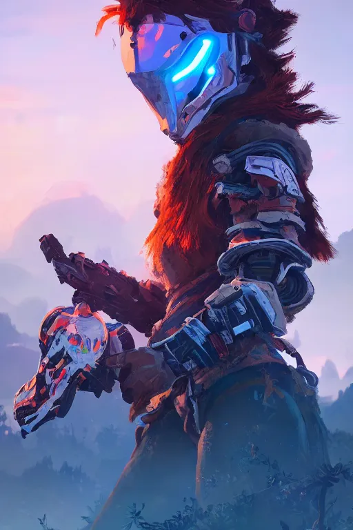 Image similar to combination suit armor aloy horizon forbidden west horizon zero dawn radiating a glowing aura global illumination ray tracing hdr fanart arstation by ian pesty and alena aenami artworks in 4 k tribal robot ninja mask helmet backpack